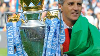 Roberto Mancini manager of Manchester City with the 2012 Barclays Premier League trophy .Barclays Premier League match Manchester City v QPR at the Etihad Stadium, Manchester on the 13th May 2012.Pic Simon Bellis/SPORTIMAGE. (Cal Sport Media via AP Images)