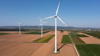 Austria, Burgenland, Drone view of rural wind farm