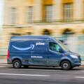 LONDON- FEBRUARY 19, 2024: Amazon Prime delivery van in motion on London street