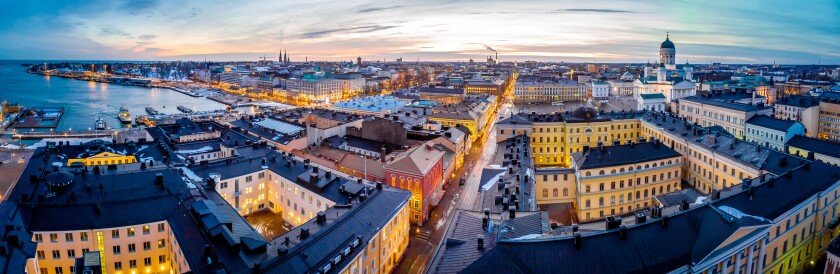 Aerial sunset view of Helsinki in winter time, Finland