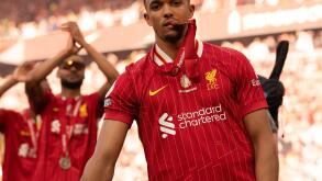 Anfield, Liverpool on Sunday 25th May 2025. Liverpool's Trent Alexander-Arnold with the Premier League Trophy as they celebrate Liverpool being crowned the Champions of the Premier League for the 2024/25 Season following the Premier League match between L