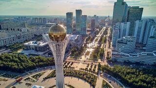 NUR-SULTAN, KAZAKHSTAN (QAZAQSTAN) - August 11, 2019: Beautiful panoramic aerial drone view to Nursultan (Astana) city center with skyscrapers and Bai
