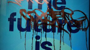 Graffiti on a display reading OThe future isEO, in Glasgow, Scotland, 6 September 2022.