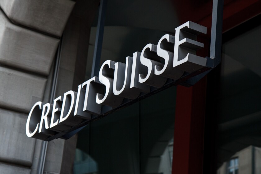 ZURICH, SWITZERLAND - Jun 04, 2016: Credit Suisse sign over entrance in Zurich