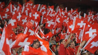 Stadium football soccer fans spectators Switzerland flags flags banners red sport Basel Saint Jakob