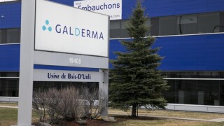 A logo sign outside of a facility occupied by Galderma in Baie-d?Urfe, Quebec, Canada, on April 21, 2019. (Photo by Kristoffer Tripplaar/Sipa USA)