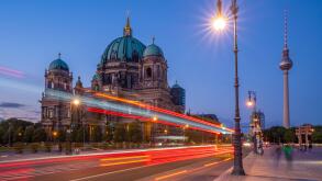 View of Berliner Dom (Berlin Cathedral) and trail lights at dusk, Berlin, Germany, Europe