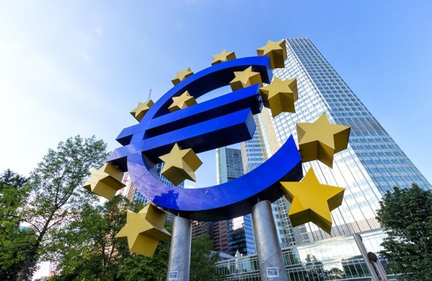 Euro sign outside the European Central Bank in Frankfurt Germany.