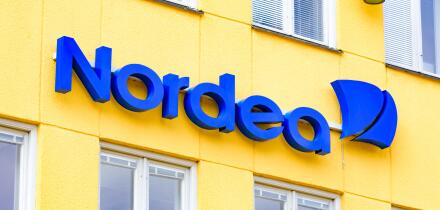 Kristianstad, Sweden - March 20, 2016: Nordea is one of the major banks in Sweden. Here is their logo found as a sign above a ba
