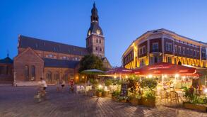 Latvia (Baltic States), Riga, European capital of culture 2014, historical centre listed as World Heritage by UNESCO, terrasses in the city center and the Dome cathedrale