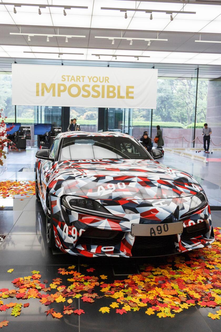 The new Toyota Supra A90 on display at the company's headquarters in Tokyo on November 6, 2018, Tokyo, Japan. The consumer version of Toyota Motor Corp.'s new sports car will debut at the Detroit Auto Show in January 2019. Credit: Rodrigo Reyes Marin/AFLO