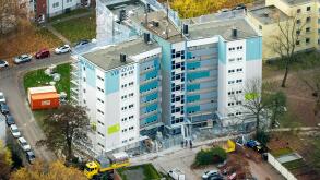 Aerial view, renovations VONOVIA skyscraper and settlement Narcissus Road, social housing, rental housing, Bochum, Ruhr aeria,