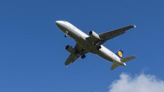 Lufthansa Airbus A320 aircraft on the final approach to Manchester Airport UK