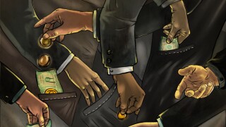 Illustrative image of business people exchanging money representing fraud. Image shot 2012. Exact date unknown.