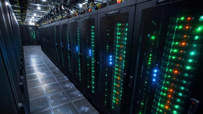 AI-generated image of a data centre server floor featuring brightly lit 