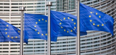 European flags in front of the Berlaymont building, headquarters of the European commission in Brussels.