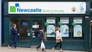 People walking past the Newcastle Building society, Chester-le-Street, north east England, UK