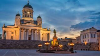 Helsinki Finland, sunrise city skyline at Helsinki Cathedral and Senate Square
