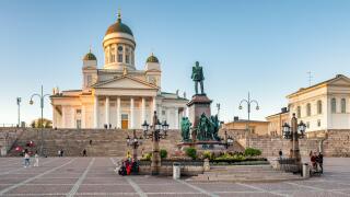 St. Nicholas Cathedral and monument of Alexander II on the Senate square Senaatintori in Helsinki, Finland.
