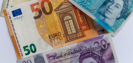 The five and twenty British Pound bank notes and the five and fifty Euro bank notes.