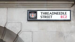Street sign for Threadneedle Street, EC2, in the City of london, England.