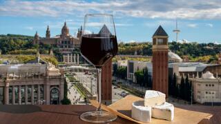 Glass of red wine with brie cheese against view of  The Spain Square in Barcelona, Spain