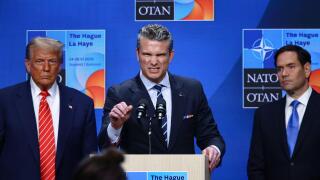 The Hague, Netherlands. 25th June, 2025. US President Donald Trump, US Secretary of State Marco Rubio and US Secretary of Defense Pete Hegseth attend a press conference during the 76th NATO Summit in the World Forum in The Hague, Netherlands on June 25th,