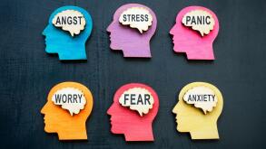Human brains with words anxiety worry and panic. Stress at work.