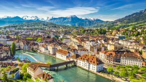 View to Swiss Alps and historic city center of Lucerne Switzerland.