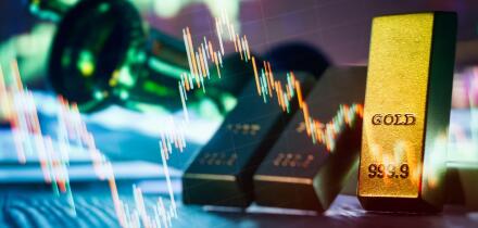 Gold Bullion Bar Closeup With Falling Candlestick Chart Overlay Precious Metal Price