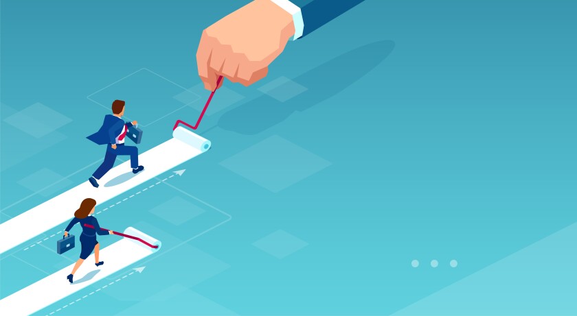 Vector of a business woman painting her own career path while businessman being supported by corporate culture
