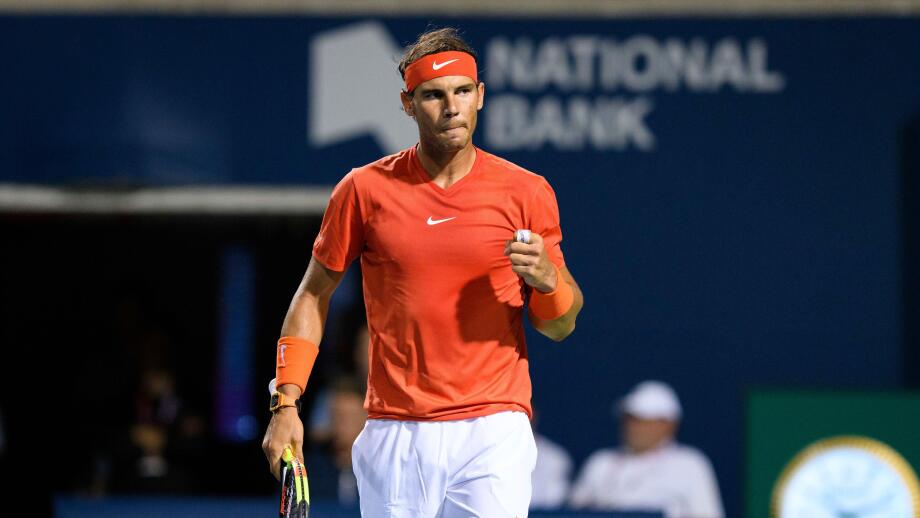 TORONTO, ON - AUGUST 09: Rafael Nadal (ESP) celebrates after winning a point during his third round match of the Rogers Cup tennis tournament on August 9, 2018, at Aviva Centre in Toronto, ON, Canada. (Photograph by Julian Avram/Icon Sportswire) (Icon Spo