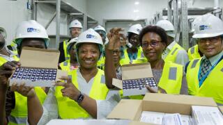 (250308) -- WAKISO, March 8, 2025 (Xinhua) -- Ugandan Minister of Health Jane Ruth Aceng (2nd R, front) displays a bottle of malaria vaccine in the central Ugandan district of Wakiso on March 7, 2025. Uganda on Friday began distributing more than 2.2 mill