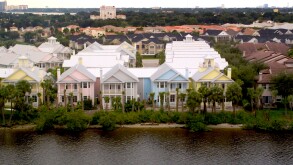 Contemporary housing painted pastel colors at the Port of Tampa Florida USA