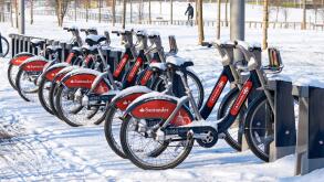 Santander Cycle bikes under snow, London, England, United Kingdom, UK