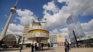 Alexanderplatz. Weltzeituhr. World Time Universal Clock. Park Inn Hotel. Galeria Kaufhof. Television Tower. Berlin. Germany.