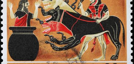Hercules and Cerberus, 12th labour on stamp