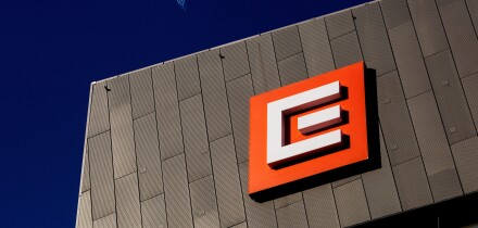 Headquarters company CEZ, Czech energy distributor, CEZ sign on the building, Duhova street, Prague Czech Republic