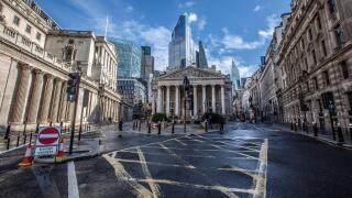 A quiet Bank Junction overlooking Bank of England and the Royal Exchange as a second coronavirus threatens the UK's economy, London, England, UK