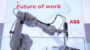 Hanover, Germany. 31st Mar, 2019. 31 March 2019, Lower Saxony, Hannover: At a booth of the technology company ABB there is a robot. From 1 to 5 April, everything at Hannover Messe will revolve around networking, learning machines and the Internet of Thing