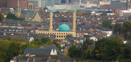 A view of Sheffield city skyline featuring the blue dome of Madina Masjid  (mosque) Wolseley Road Sheffield Yorkshire England UK