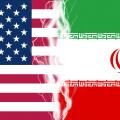 Lightnings effect between flags of USA and Iran. Concept of conflict between two nations, Washington and Teheran.