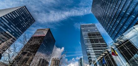 Brussels, Belgium - 03 10 2019: Contemporary glass and steel skyscrapers of the Little Manhattan financial and business district