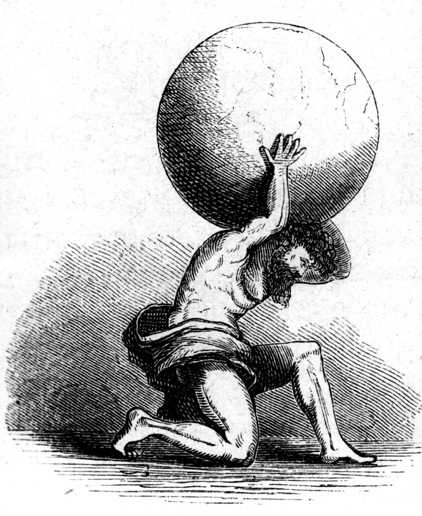 Atlas, Titan, Greek myth figure, carrying earth on his shoulders, wood engraving, 19th century,