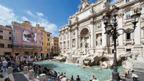 Trevi Fountain, Rome. The Trevi Fountain or Fontana di Trevi with a billboard for Dolce e Gabbana sunglasses to the left, Rome, Italy. Image shot 03/2008. Exact date unknown.