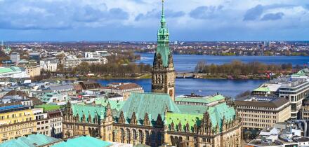 Aerial view of Hamburg cityscape with Rathaus and Alster Lake