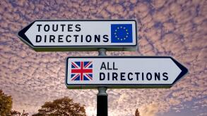 French style double signpost with opposing UK/EU pointers.