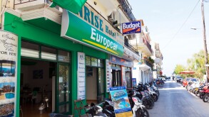 Europcar budget scooter hire shop fronts Lefkas town Lefkada Greek Island Greece