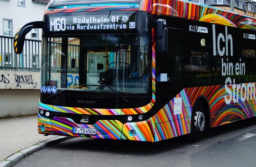 FRANKFURT, GERMANY - Jun 30, 2021: A new electric bus in Frankfurt. The advertising slogan "Ich bin ein Stromer" means "I am an electric".