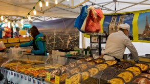 French pastries for sale on continental baker bakery market stall York North Yorkshire England UK United Kingdom GB Great Britain